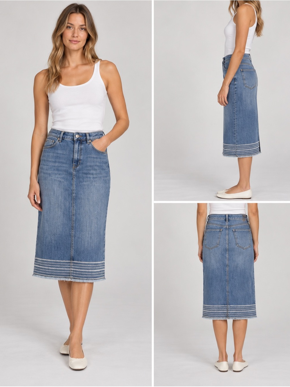 Christopher & Banks Blue Denim Midi Skirt Size 4 Decorative Stitch Detail